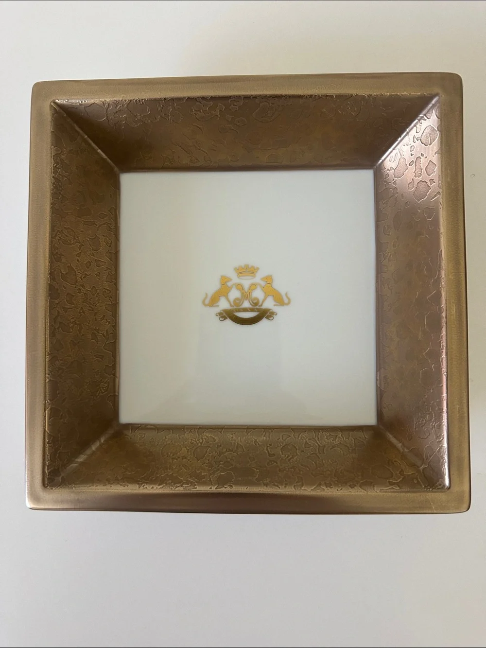 JL Coquet French Luxury White Porcelain and Gold Glaze Rim Vanity Crest Tray